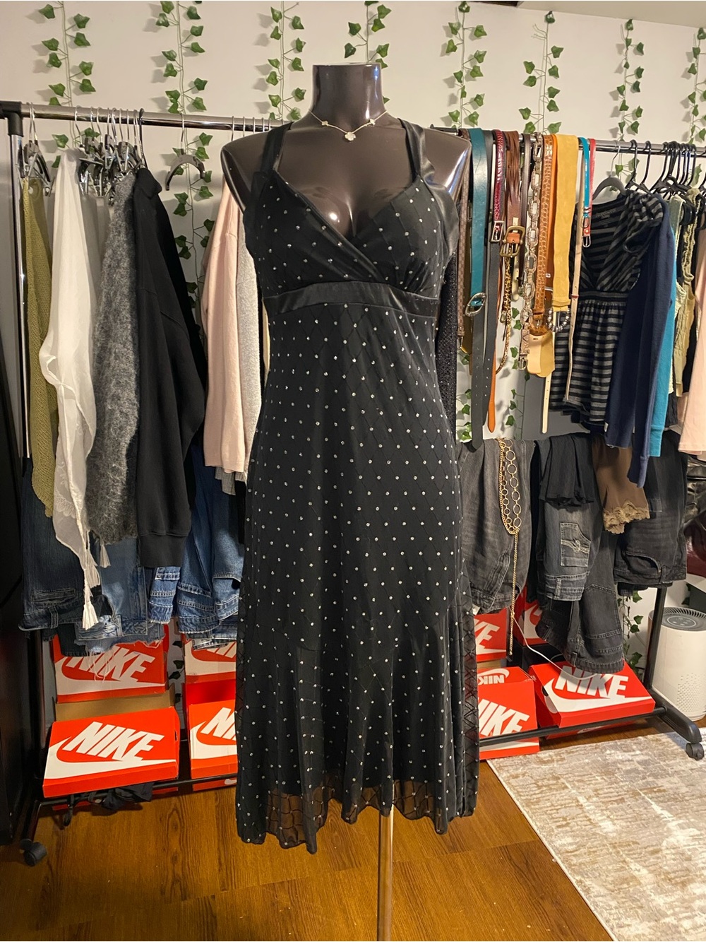 Y2K Jessica Black Midi Dress with Silver Polka dots